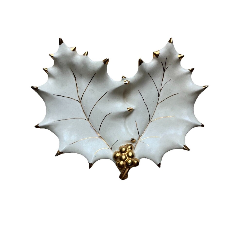 Mid century modern 1962 Signed Leaf trinket Jewelry  Candy Dish White Gold